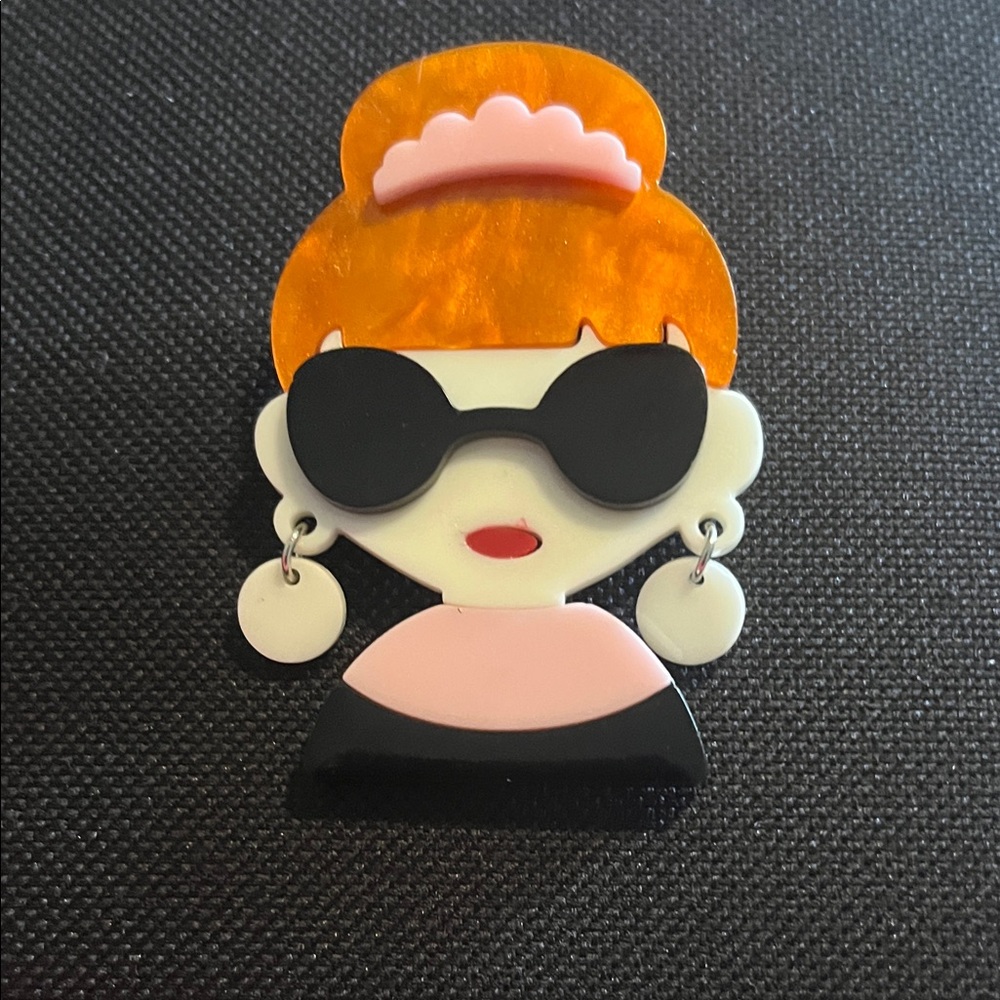 Stylish Retro Girl Acrylic Brooch in Orange, Pink & Black
